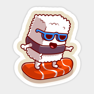 Cute Sushi Salmon Surfing Cartoon Sticker